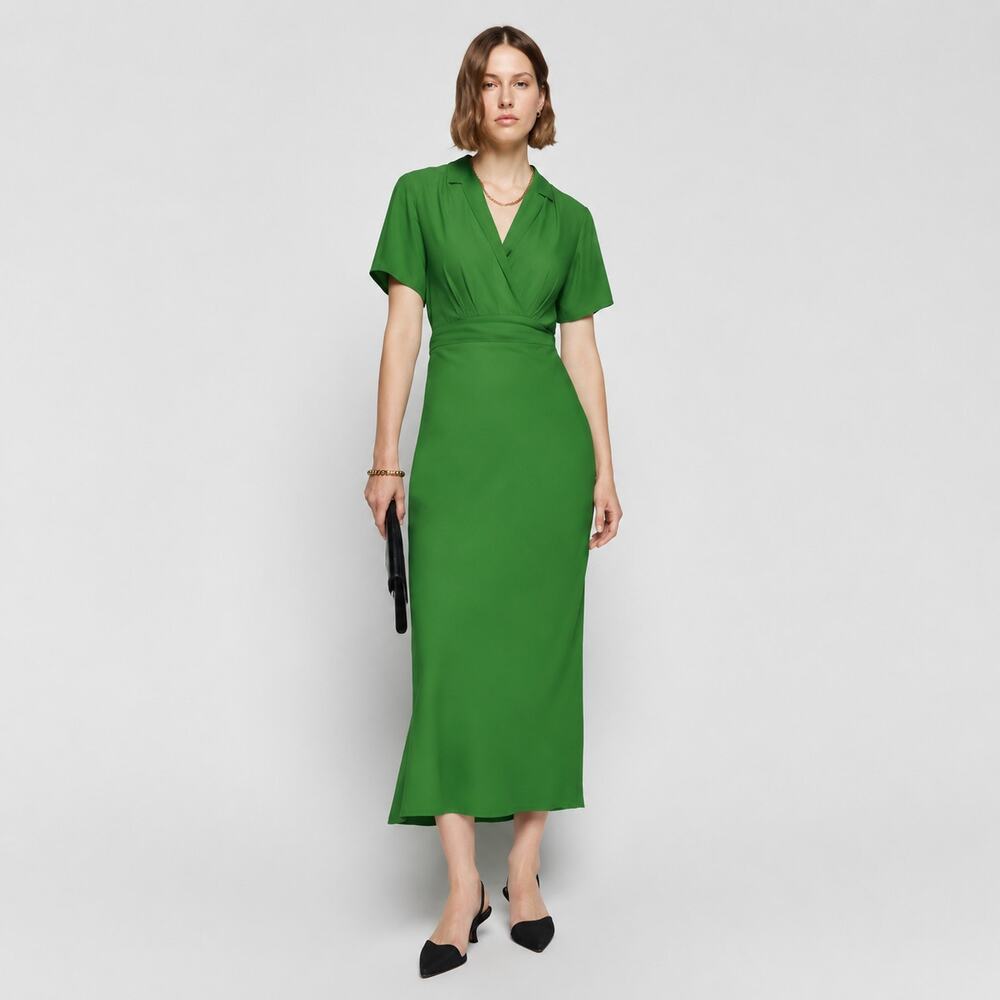 Reformation Midi Dress Danika Collared Short Sleeve Faux Wrap Green Size XS